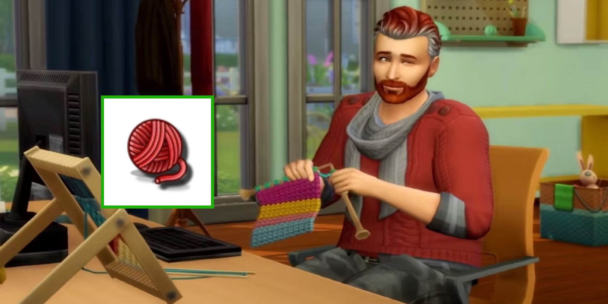 A Sim is knitting something and the knitting skill icon is added to the photo
