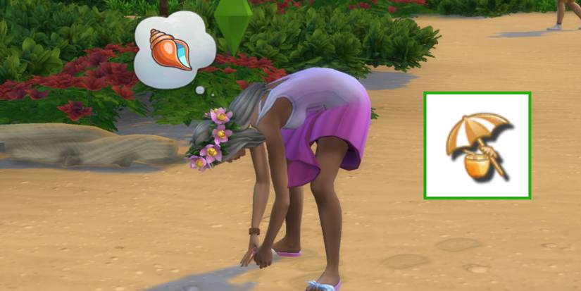 A Sim is beachcombing for seashells and an added photo of the beach life aspiration icon is present