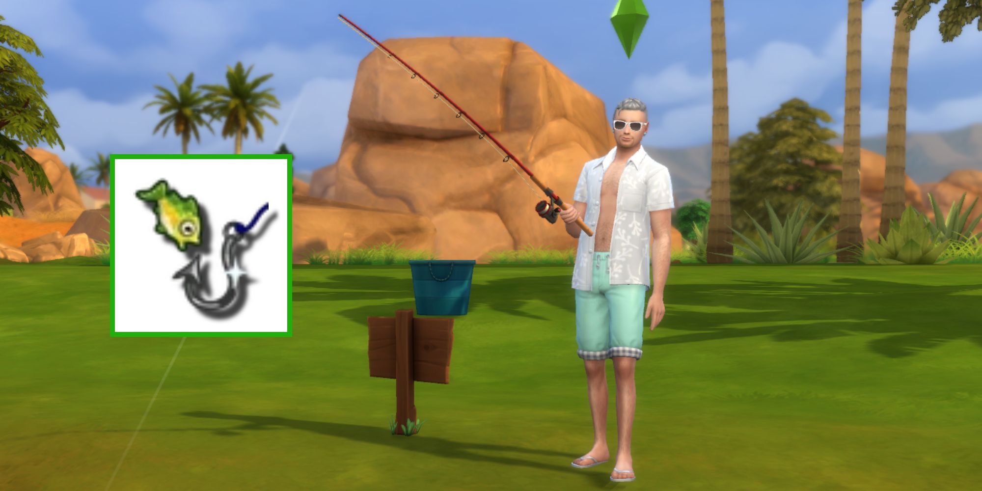 A Sim is fishing in Oasis Springs and the fishing icon logo is added to the photo