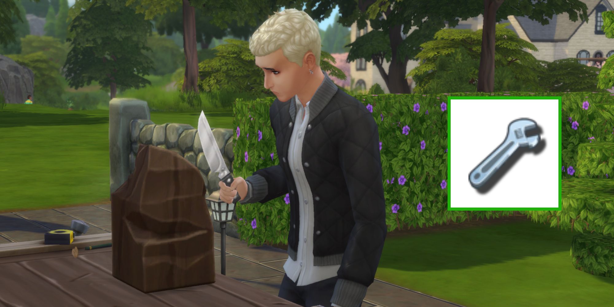 A Sim is using a woodworking bench to craft something and the handiness skill icon has been added to the photo