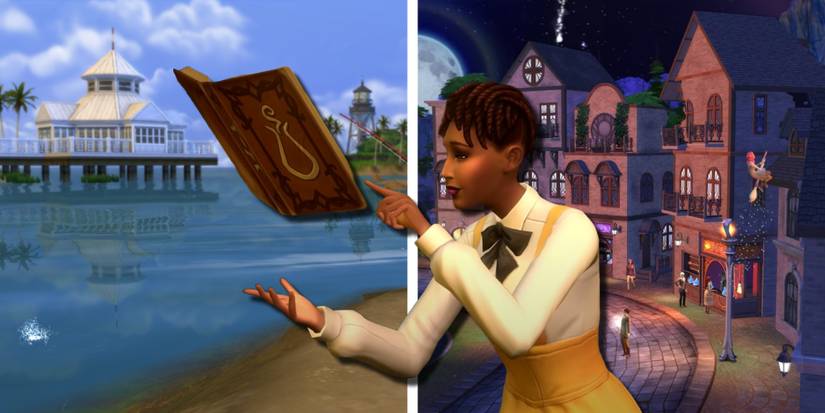 A spellcaster Sim is reading a tome in front of the Magic Realm and Willow Creek for the start of the Enchanted Cottage Challenge