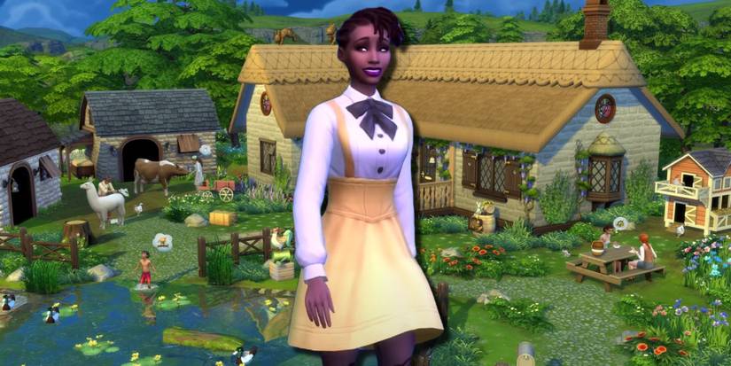 A Sim is walking in front of a large farmhouse for the Enchanted Cottage challenge