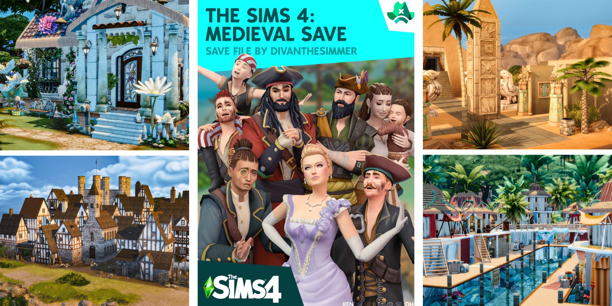 A collage of medieval locations in The Sims 4 from the Medieval Save by Divan The Simmer