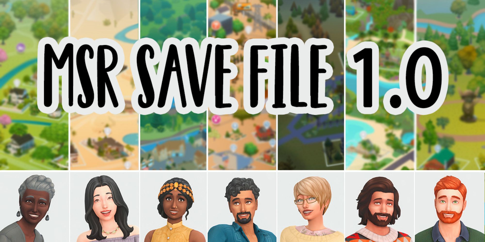 A collage of Sims and different worlds in MSR Save File 1.0 for The Sims 4