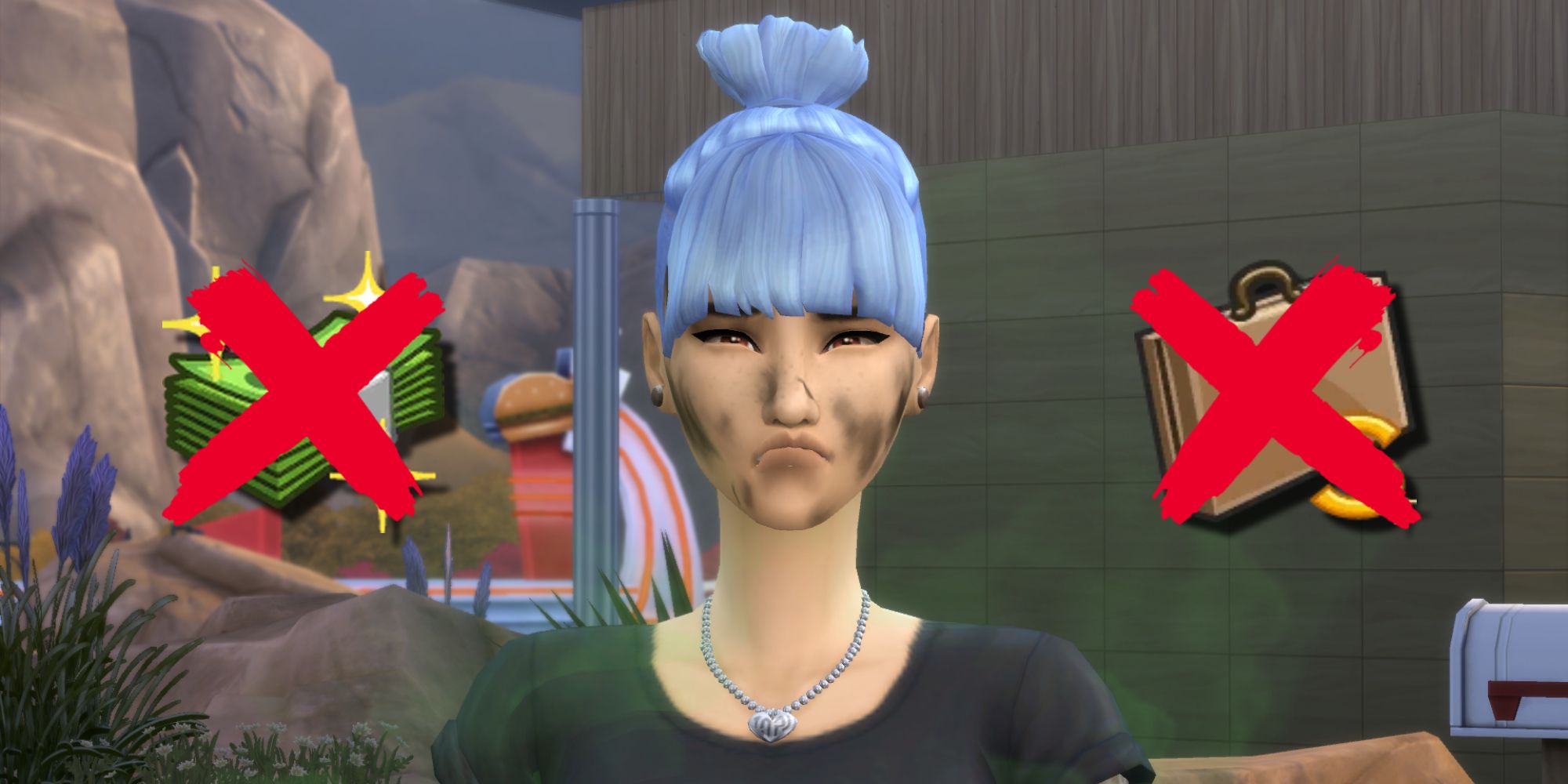 A Sim is dirty and sad because they have no money or job at the start of the Odd Money Legacy Challenge for The Sims 4