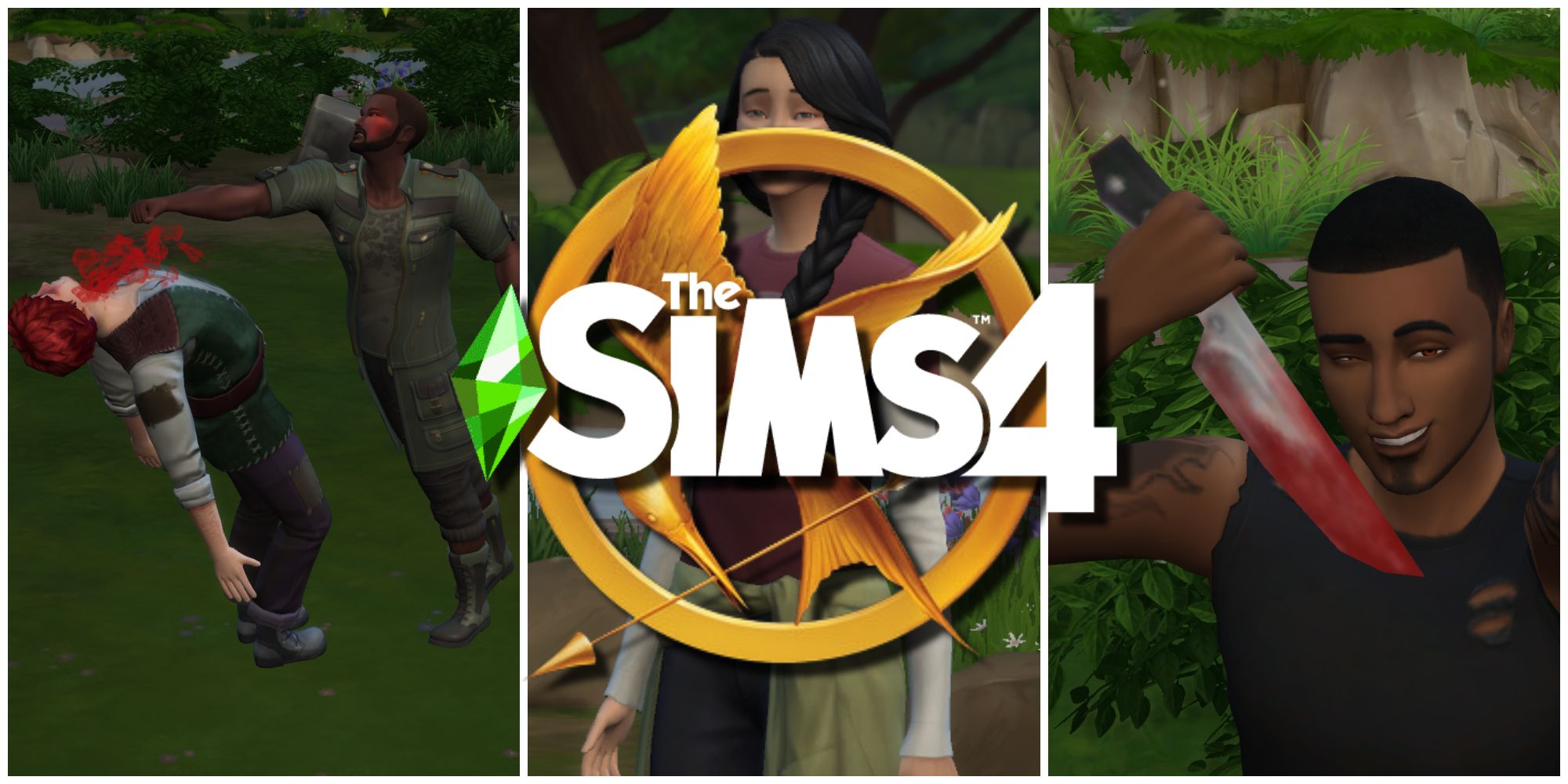 Two Sims are fighting and two Sims are posing for The Hunger Games Legacy Challenge in The Sims 4