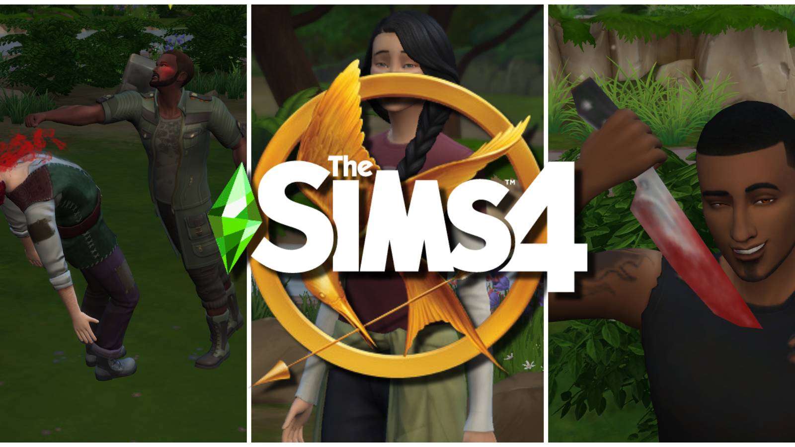 Two Sims are fighting and two Sims are posing for The Hunger Games Legacy Challenge in The Sims 4