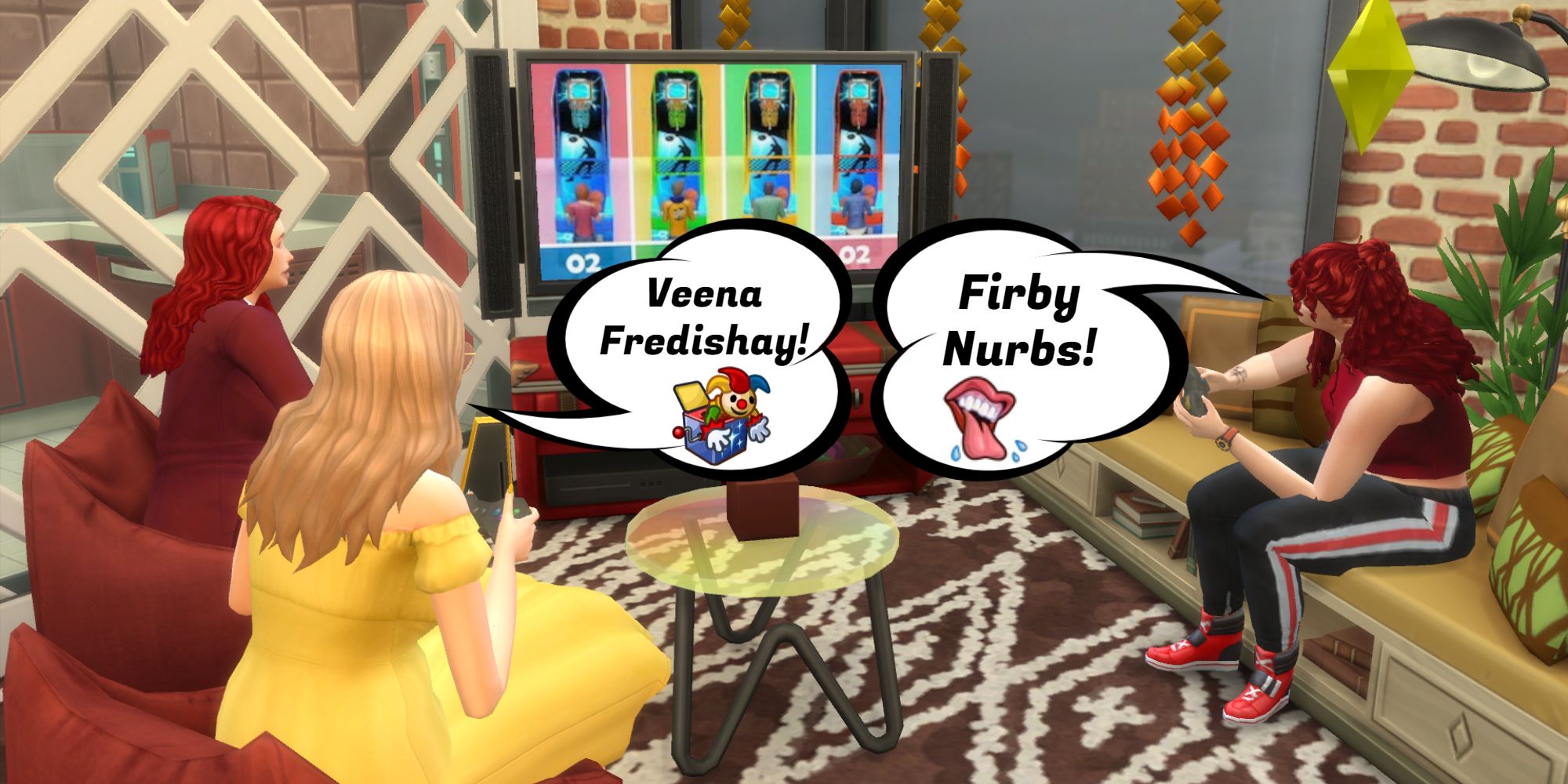 In Simlish language, the phrase Veena Fredishay means let's play. Pictured are three Sims playing a video game on the TV.