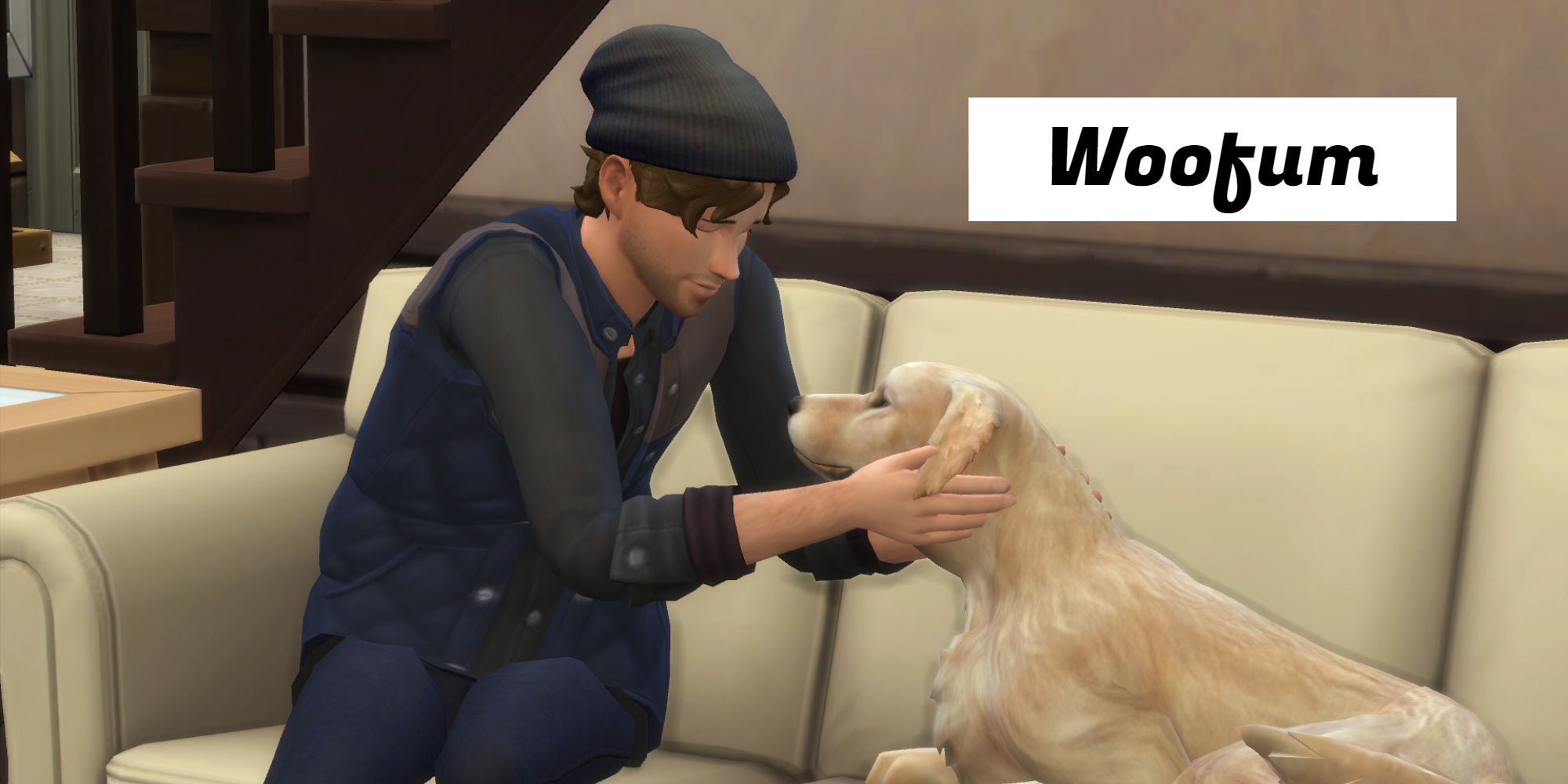 Woofum means Dog in Simlish, the language from The Sims games. Pictured is a dog and his owner on the couch.