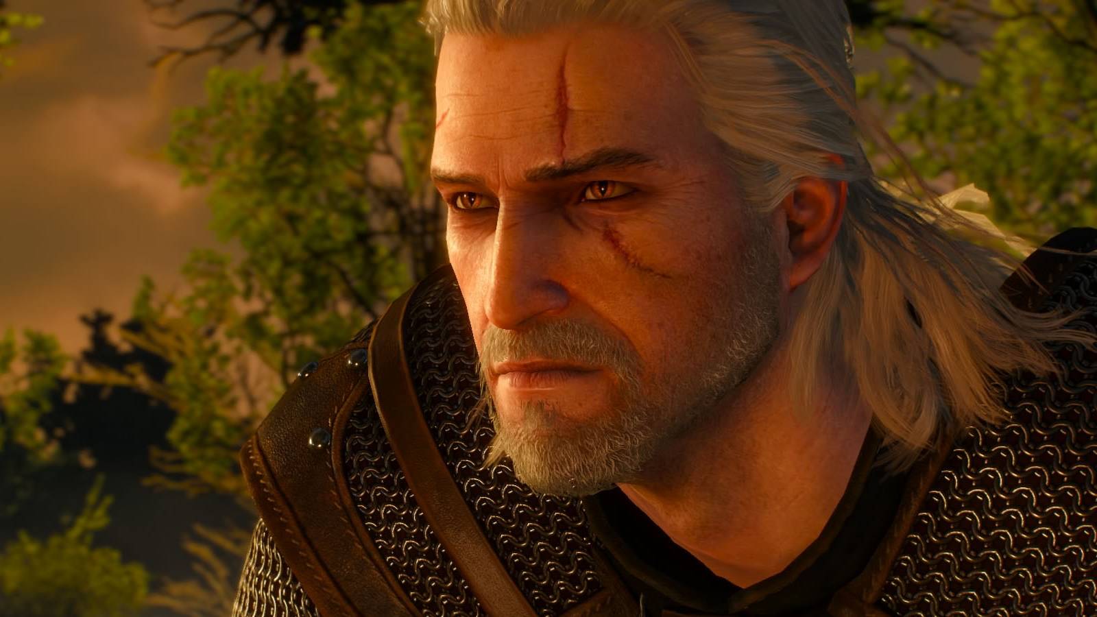 A screenshot of Geralt of Rivia amid a sunset in The Witcher 3: Wild Hunt.