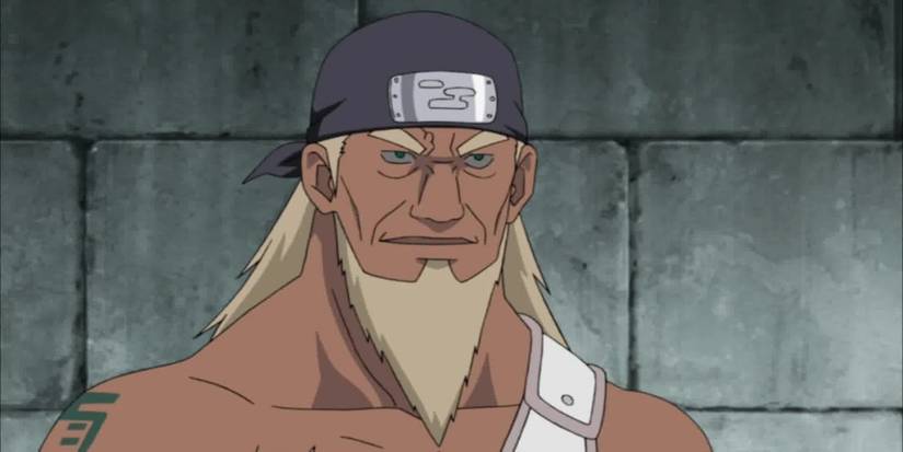 The Third Raikage of the Hidden Cloud Village smiling after A and Killer B become partners in Naruto: Shippuden..