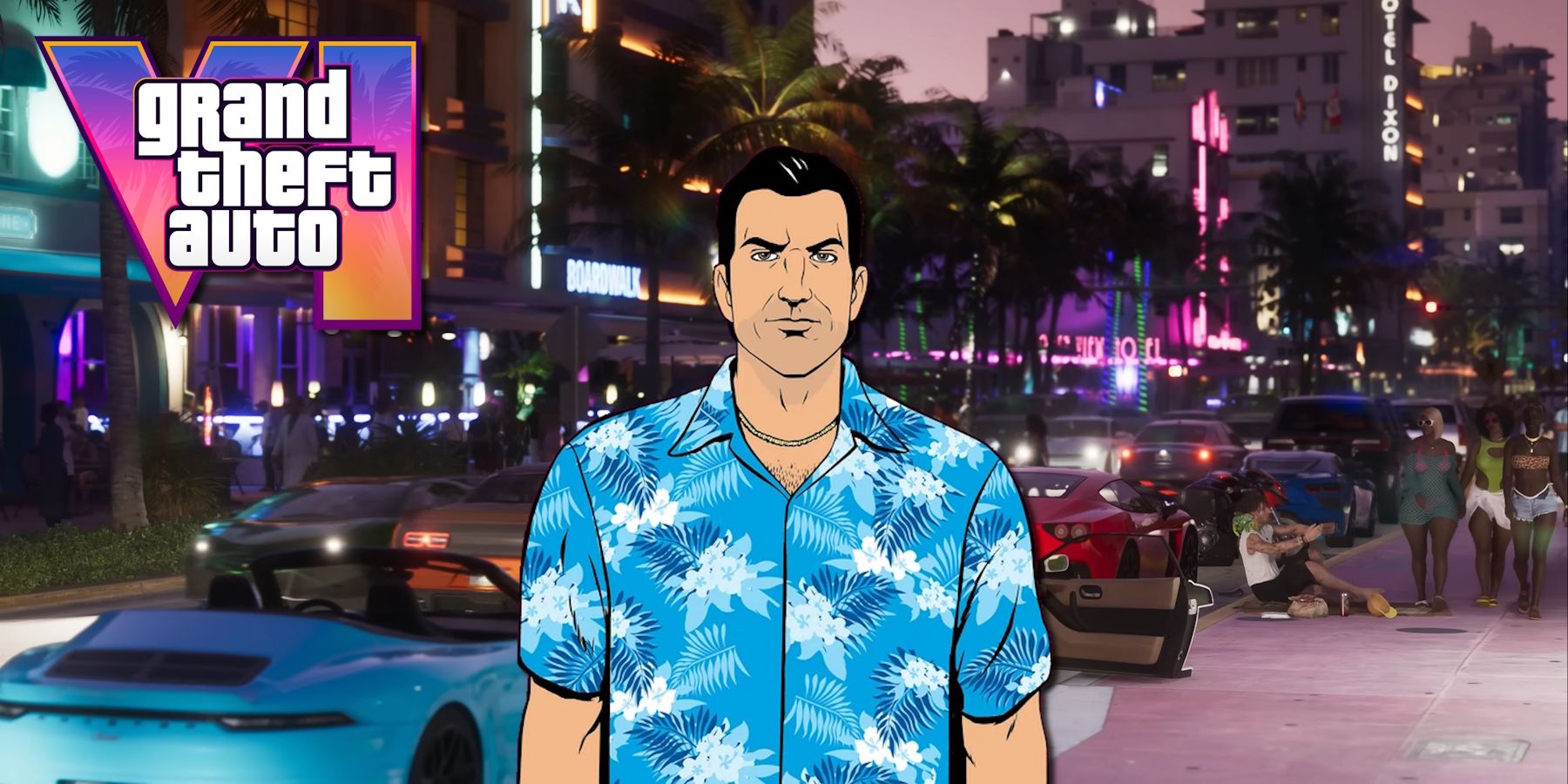 Tommy Vercetti and GTA 6 logo over Grand Theft Auto 6 screenshot