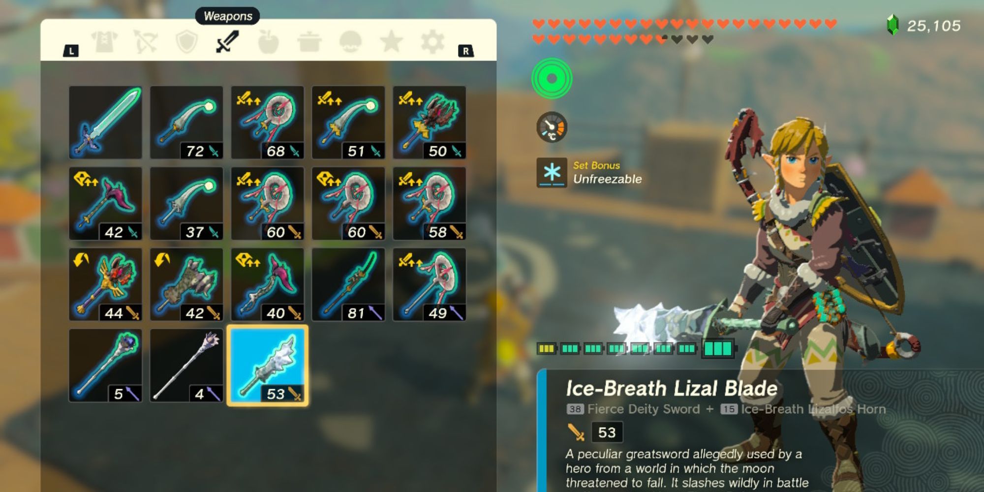 Link holding a Ice Breath Lizal Blade