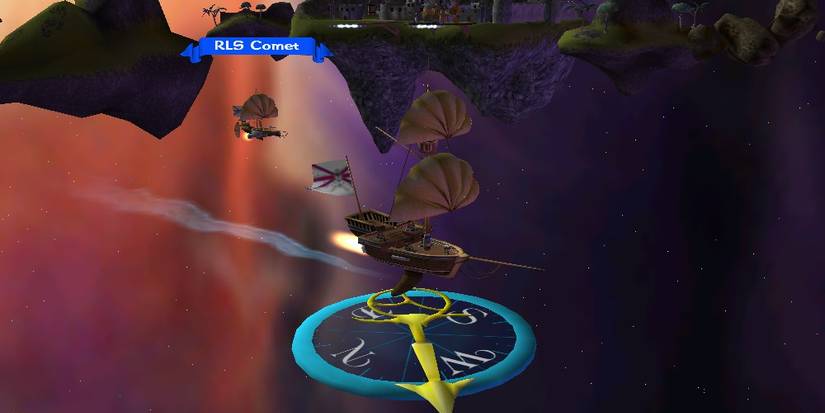Jim Hawkins' ship, the RLS Endurance, being tailed by the RLS Comet by some floating islands in the Etherium.