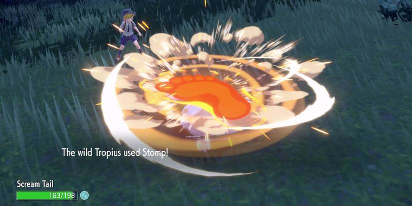 A wild Tropius using the move Stomp against a trainer's Scream Tail in Pokemon Scarlet & Violet.