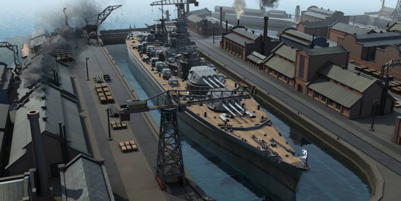 A battleship in a dock in Ultimate Admiral: Dreadnoughts