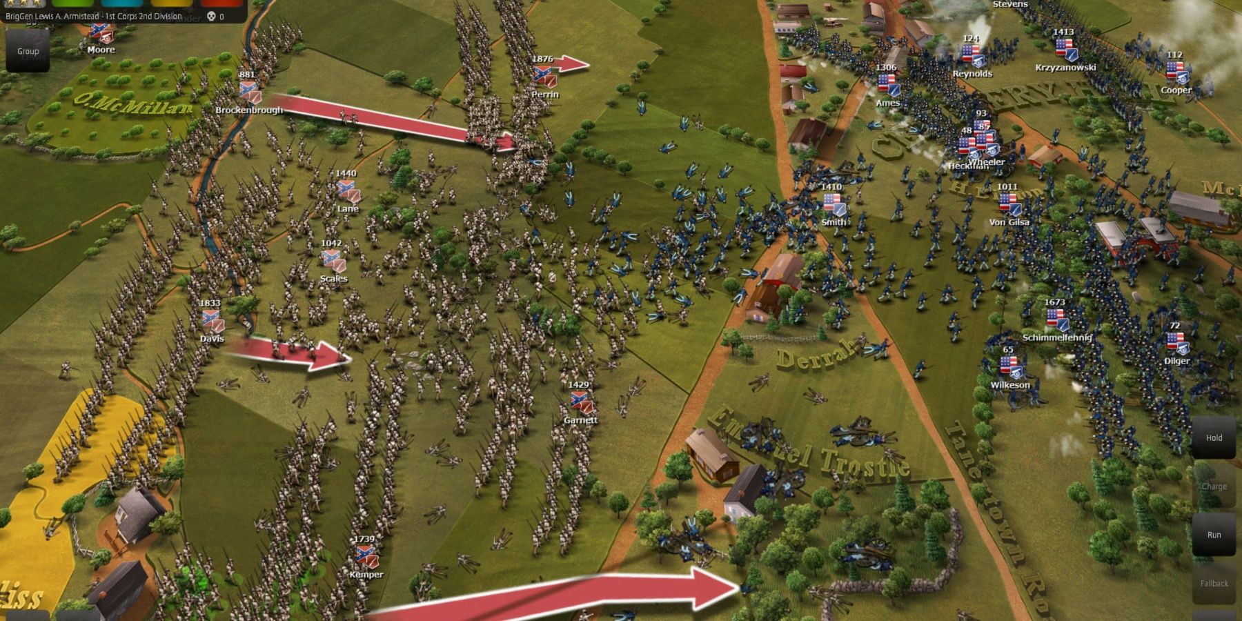 Unidades e setas apontando para onde estão indo em um campo no Ultimate General Gettysburg