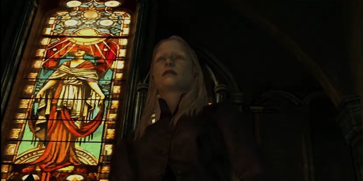 claudia wolf in front of a stained glass window in silent hill 3