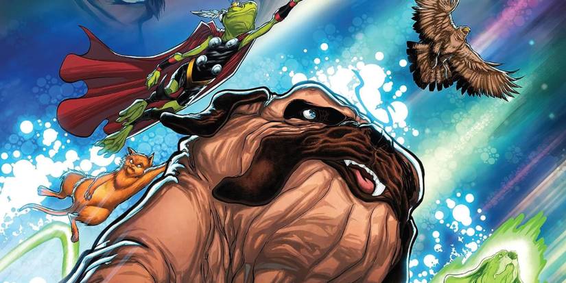 Chewie, Throg, Lockjaw, Redwing, and Bats flying in space