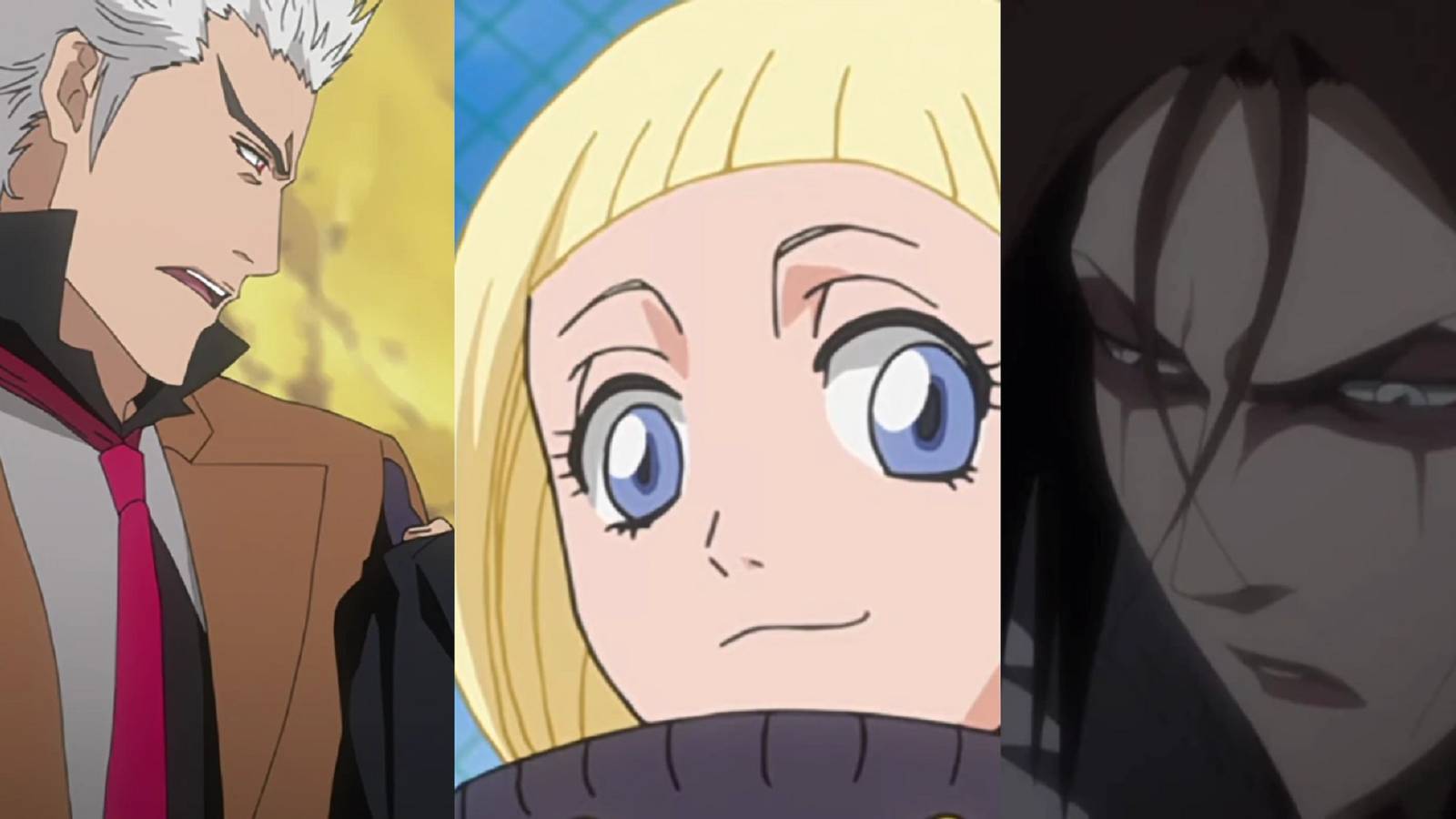 Split image of Kariya scolding Ichigo, Lilin in her Gigai, and Muramasa questioning Koga in the Bleach anime