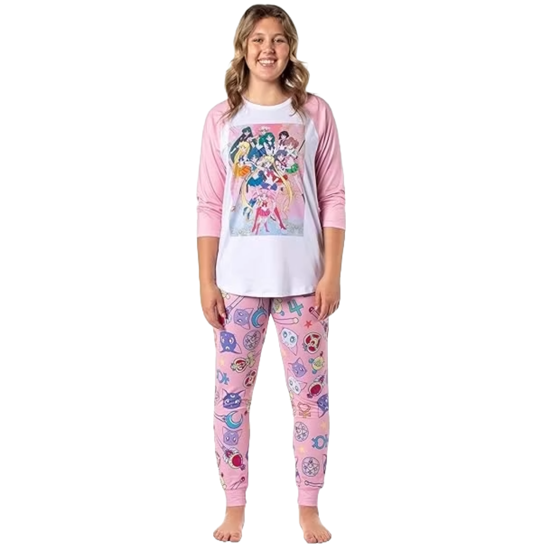 Bioworld Sailor Moon Pajamas Women's Character Poster Raglan Shirt And Jogger Pants Pajama Set