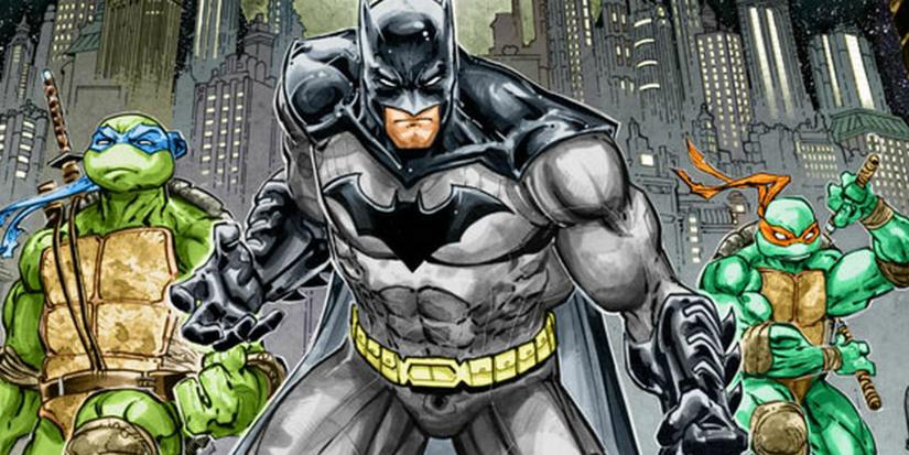 batman standing with leonardo and Michelangelo 
