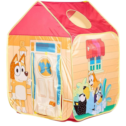 This image shows a polyester pop-up tent that looks like Bluey's house and has her family printed on it