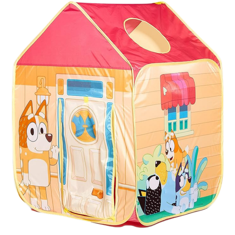 This image shows a polyester pop-up tent that looks like Bluey's house and has her family printed on it