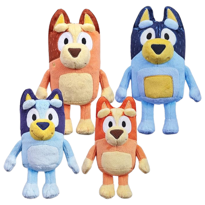 This images shows a plush set of the Heeler dog family made up of Bluey, Bingo, Chilli, and Bandit