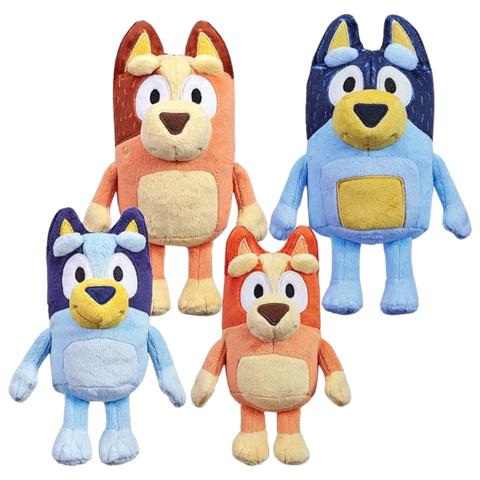 This images shows a plush set of the Heeler dog family made up of Bluey, Bingo, Chilli, and Bandit