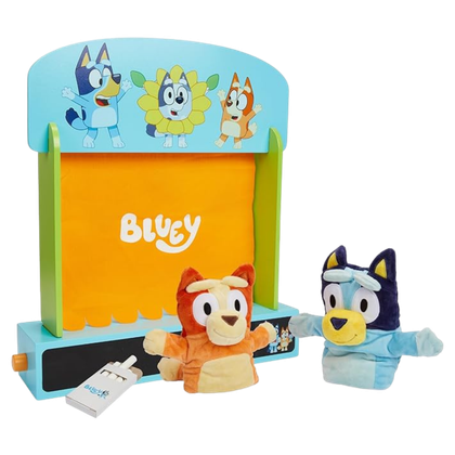 This image shows a Bluey themed puppet theater with Bingo and Bluey puppets.