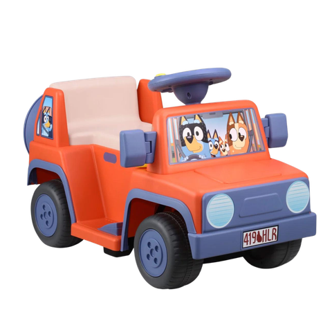 This image shows a red car with the Heeler family in the window small enough for a child to ride in.