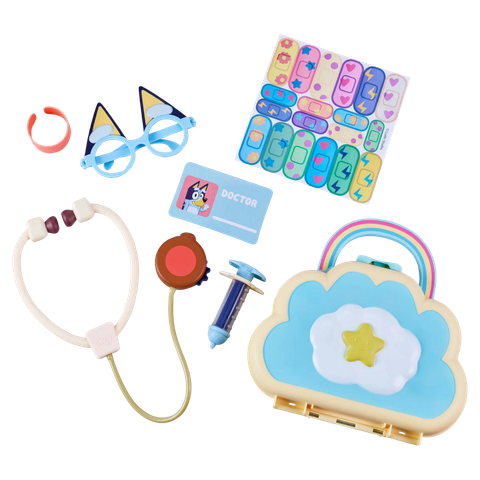 This image shows the contents of the Bluey doctor playset