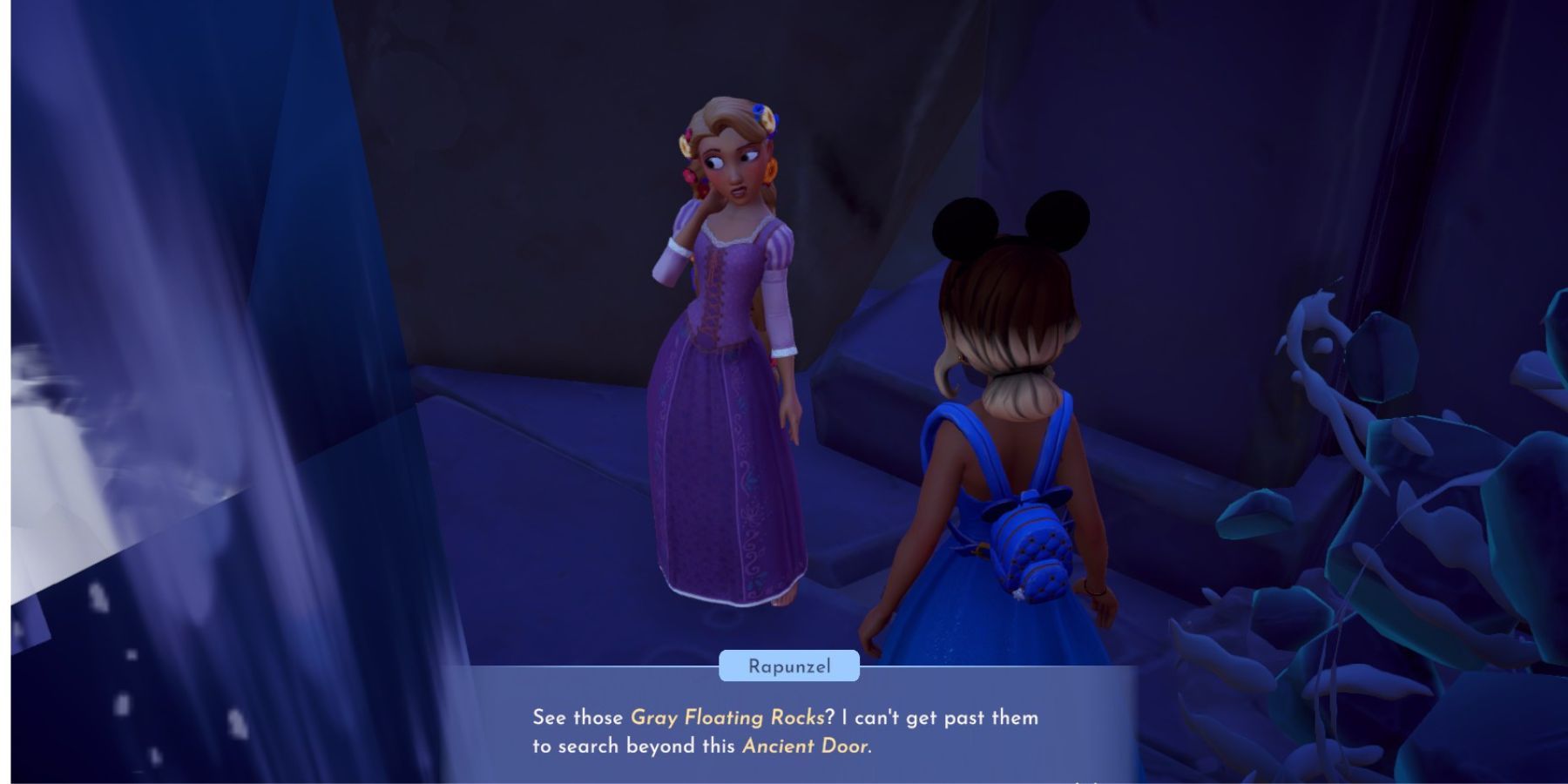 rapunzel telling about gray floating rocks ddv