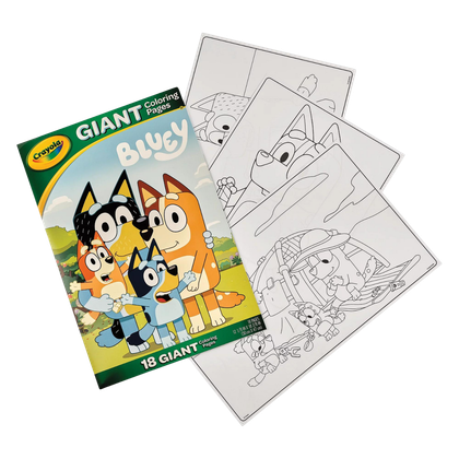 This image shows coloring pages featuring Bluey and her family