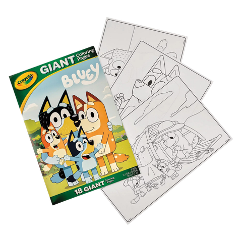 This image shows coloring pages featuring Bluey and her family