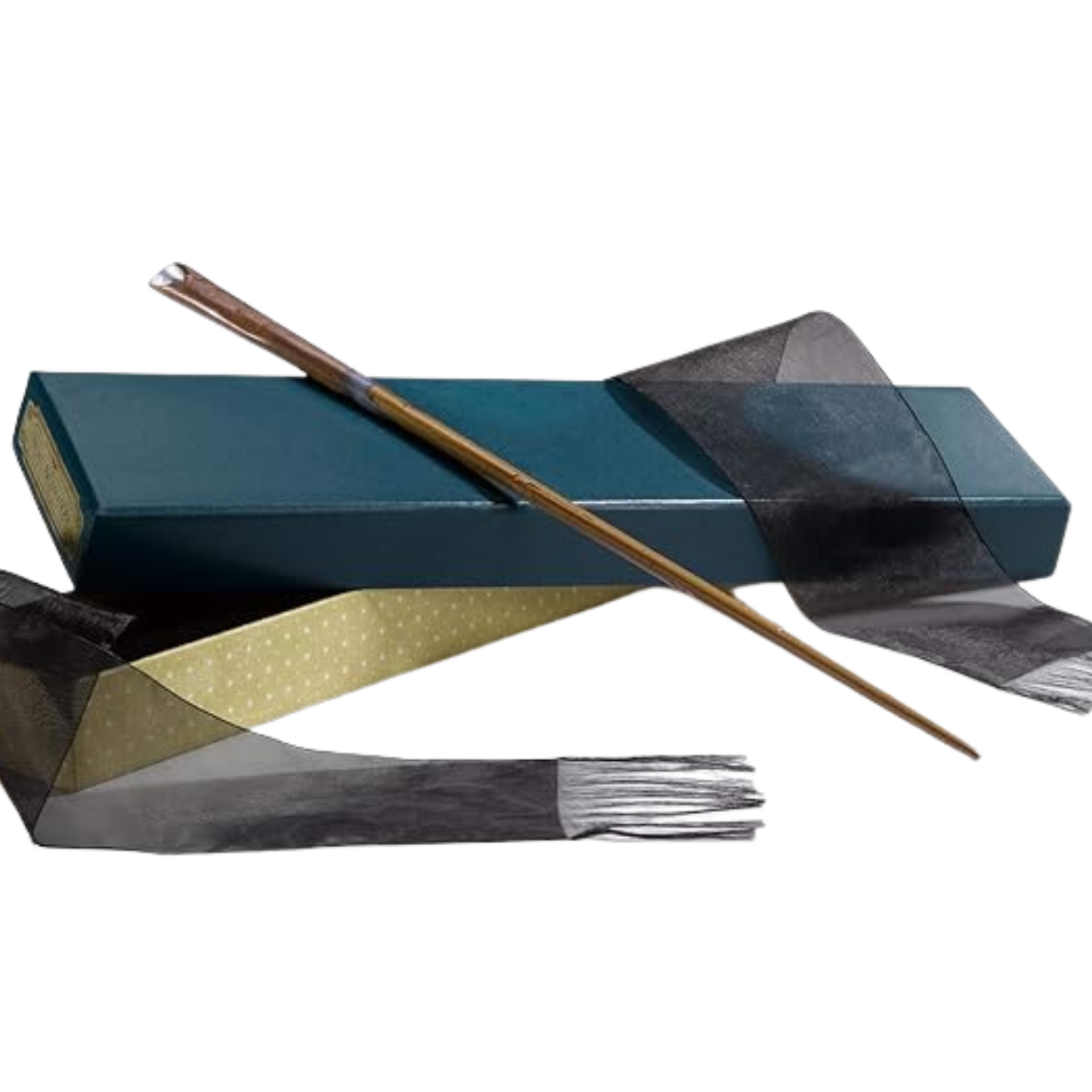 This image shows Newt Scamander's wand from the Fantastic Beast and Harry Potter series leaning against its box