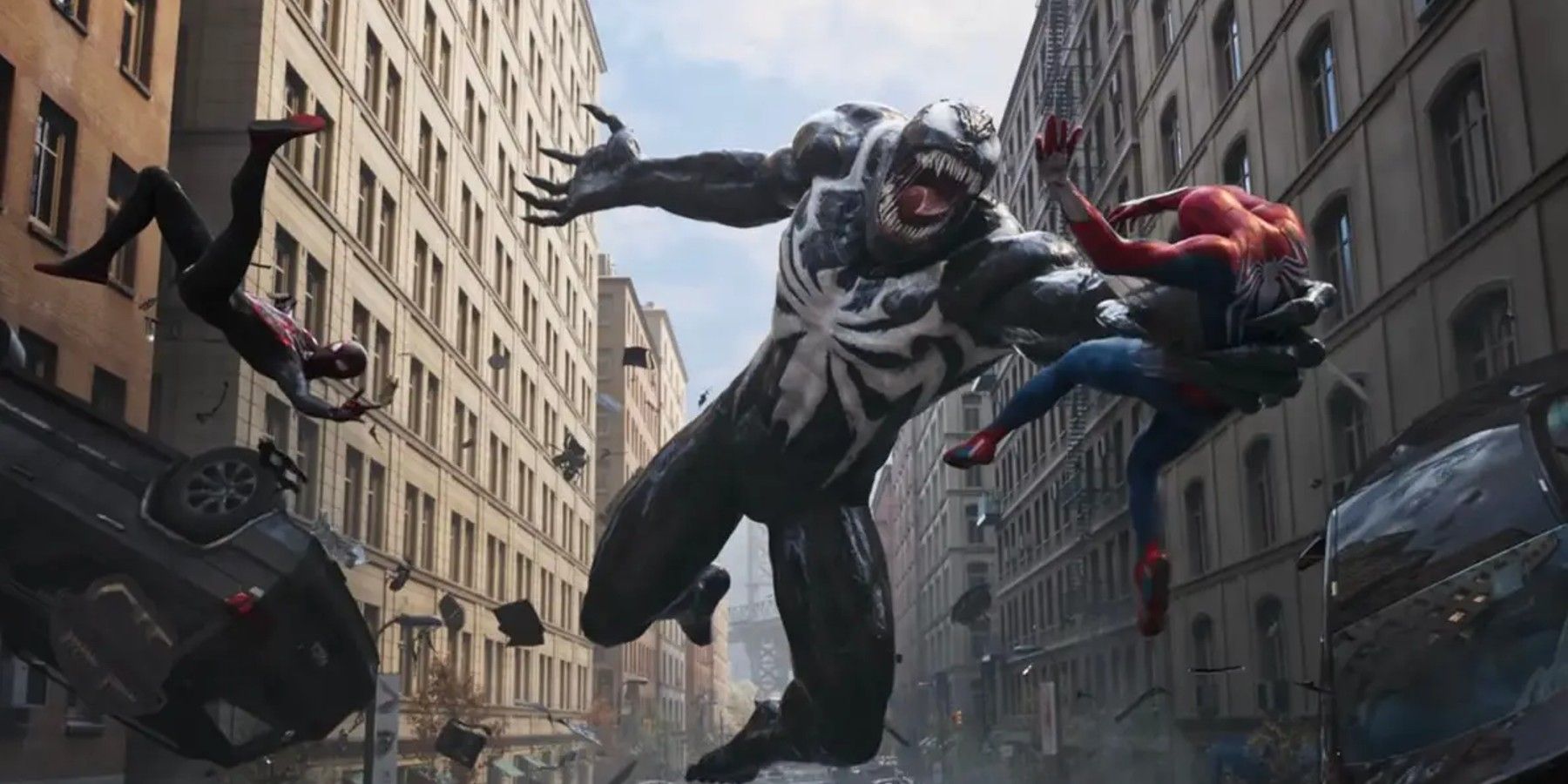 Venom fighting Peter Parker and Miles Morales in Marvel's Spider-Man 2 key art