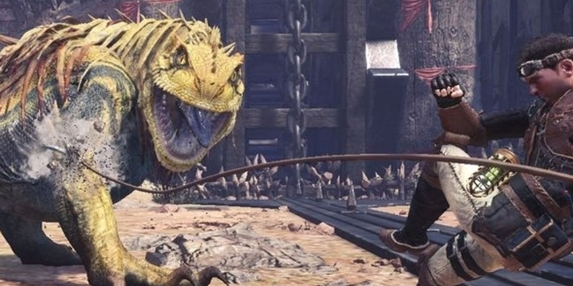 A hunter fighting a Great Jagras in Monster Hunter World