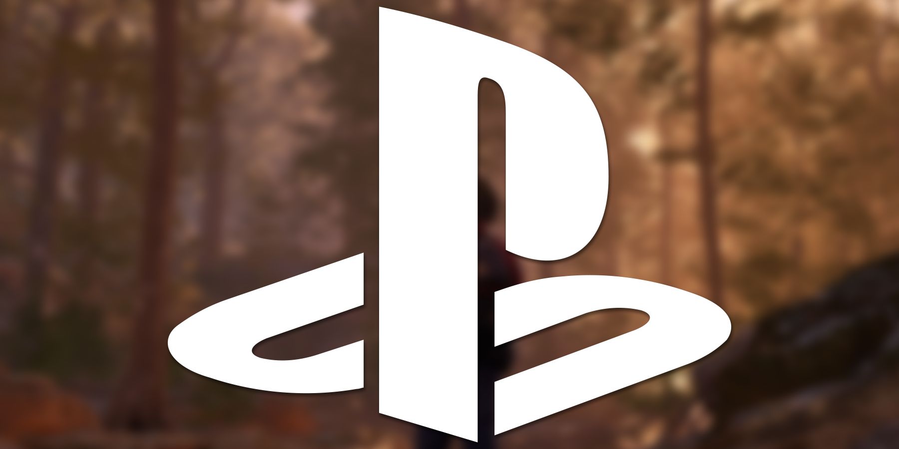 White PlayStation logo submark over blurred As Dusk Falls forest promo screenshot