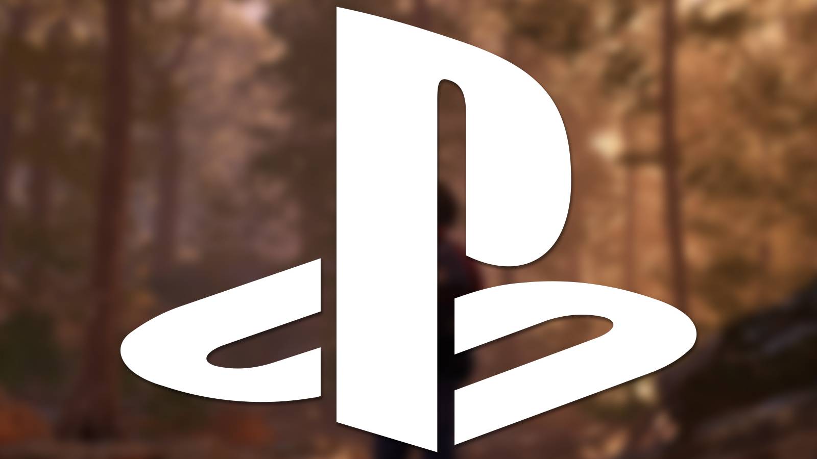 White PlayStation logo submark over blurred As Dusk Falls forest promo screenshot