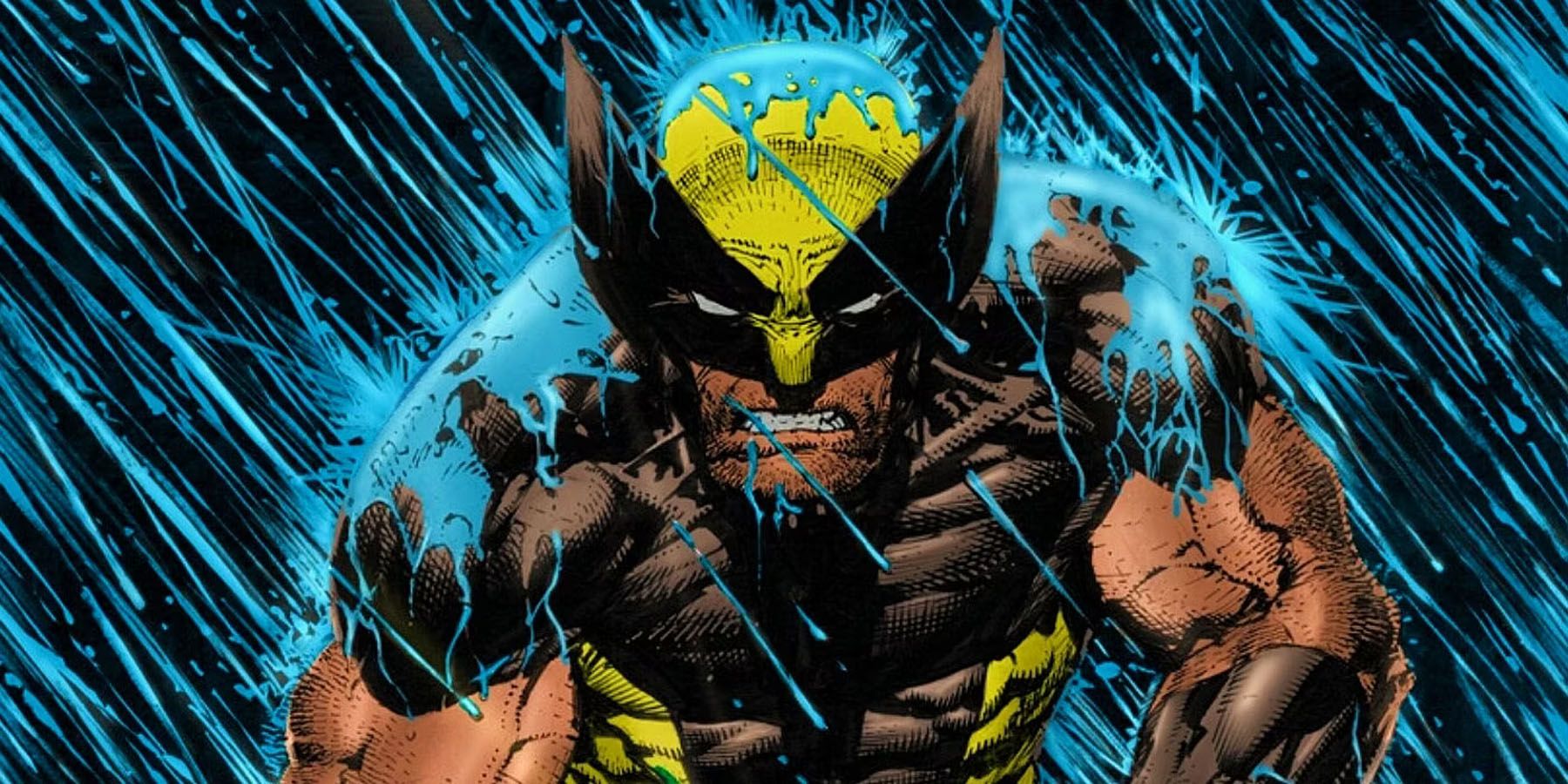 An image of Wolverine brooding in the rain in his classic yellow X-Men costume.