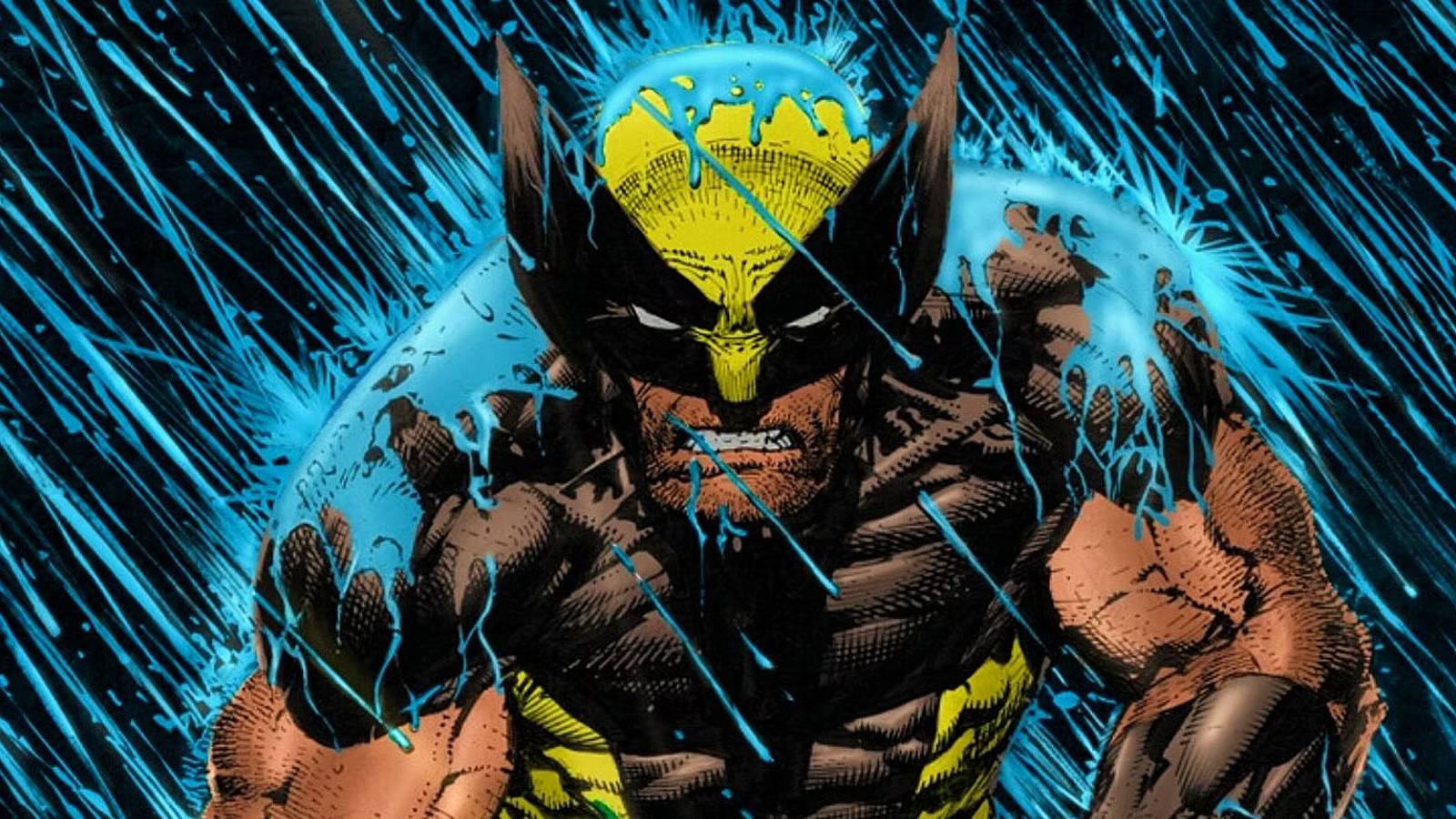 An image of Wolverine brooding in the rain in his classic yellow X-Men costume.