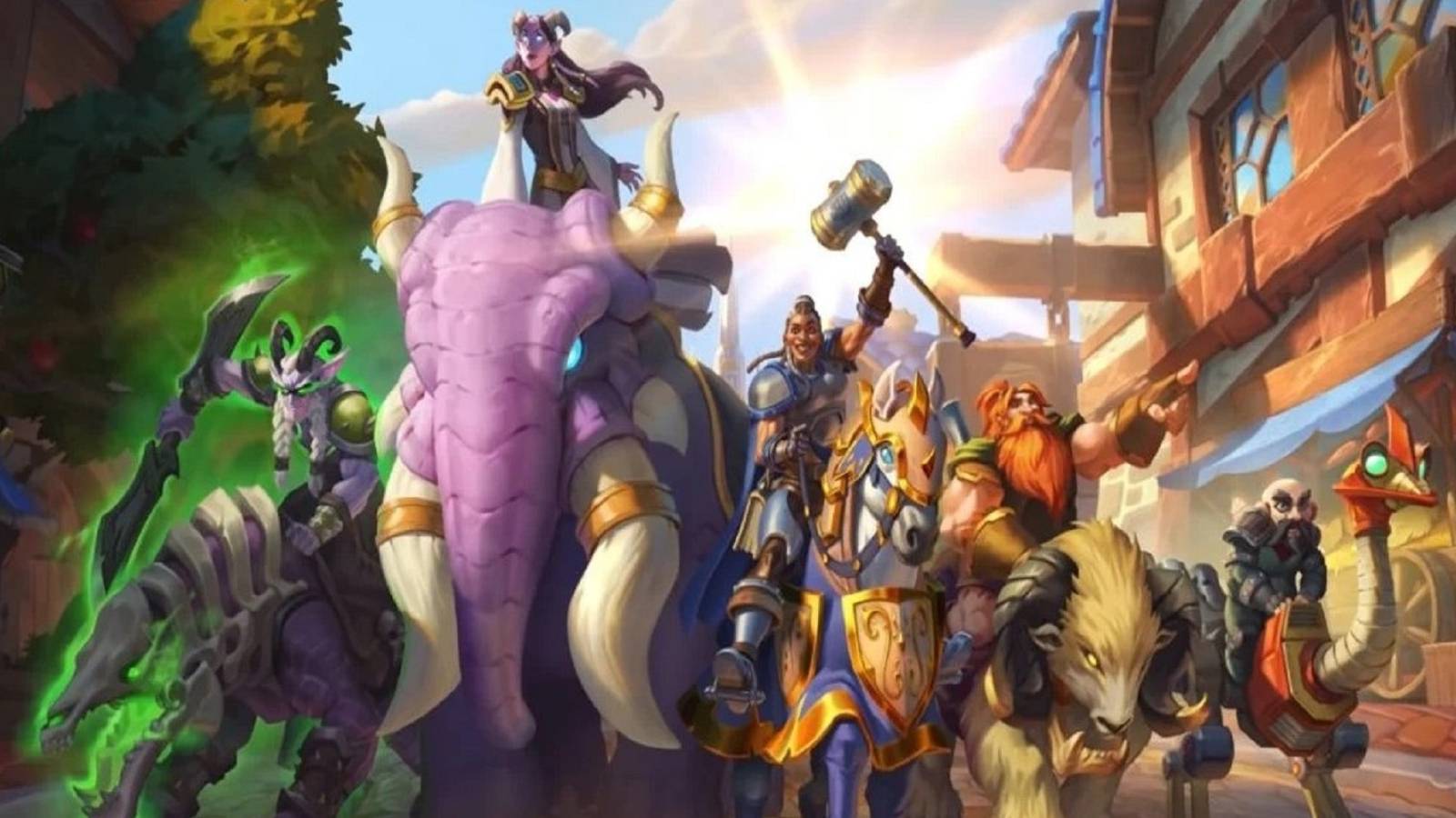 night elf demon hunter, draenei priest, human paladin, dwarf hunter, and gnome rogue riding mounts in stormwind