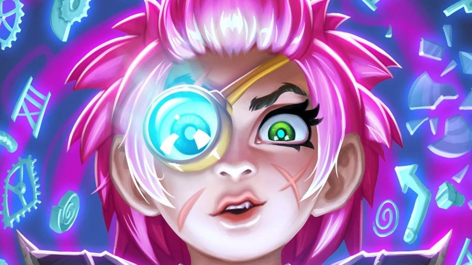 infinite toki time tinker from hearthstone, pink haired gnome with clock parts around her