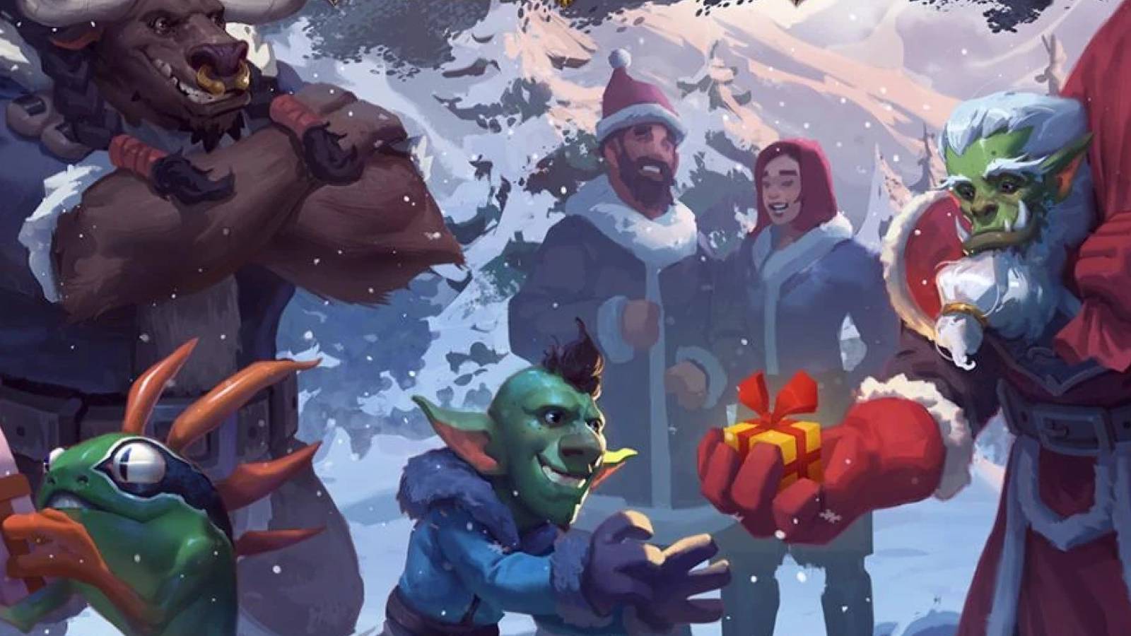 orc greatfather winter giving a goblin a present with a murloc, tauren, and two humans in the snowy background