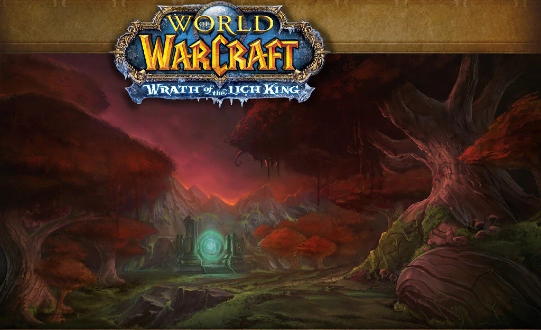 ruby sanctum loading screen with the wow wrath of the lich king logo, red trees green portal