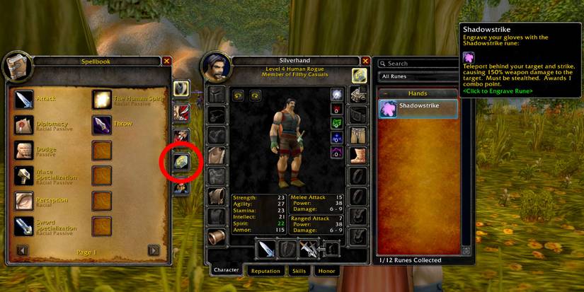 World of Warcraft Season of Discovery Equip Runes Spellbook Rune Tab Shadowstrike Gloves Rogue
