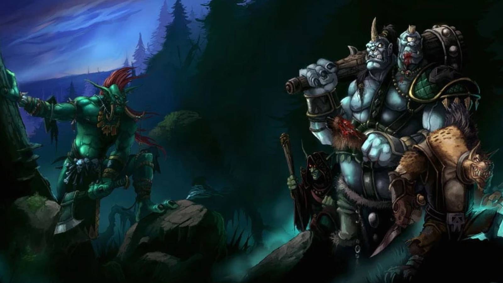 a forest troll, two headed ogre, and gnoll in a dark forest in from the world of warcraft ttrpg monster manual