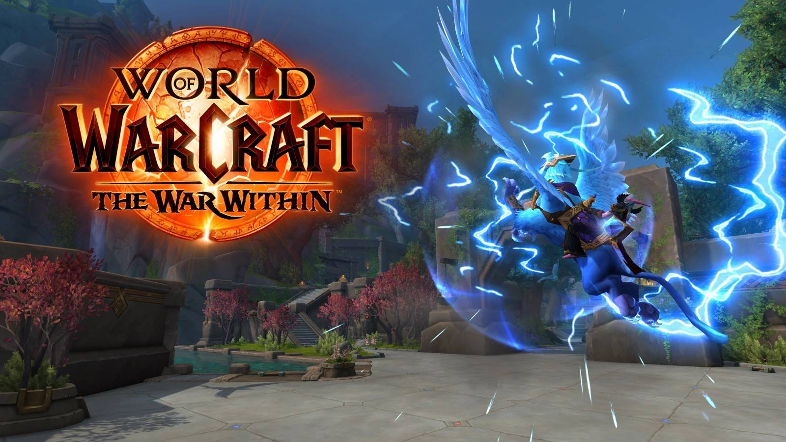 algarian stormrider thunder gryphon flying in a The War Within zone with the new wow expansion logo
